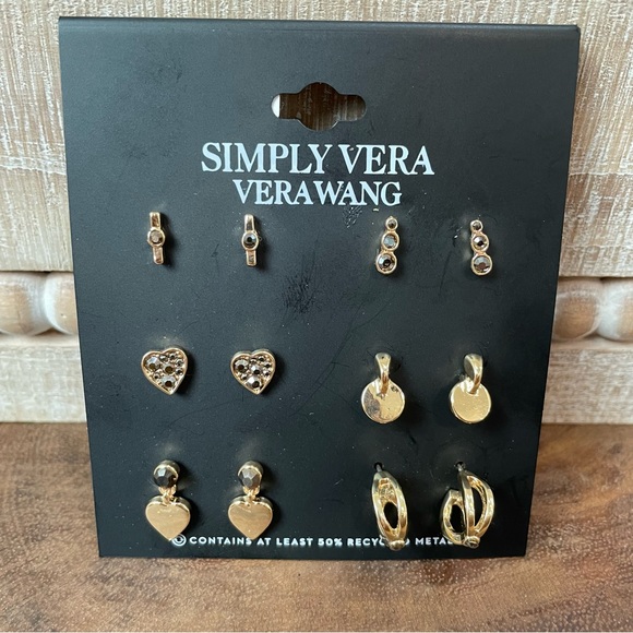 NWT Simply Vera Vera Wang Stud Earrings Set of 6 gold hearts, circles and hoops - Picture 2 of 6